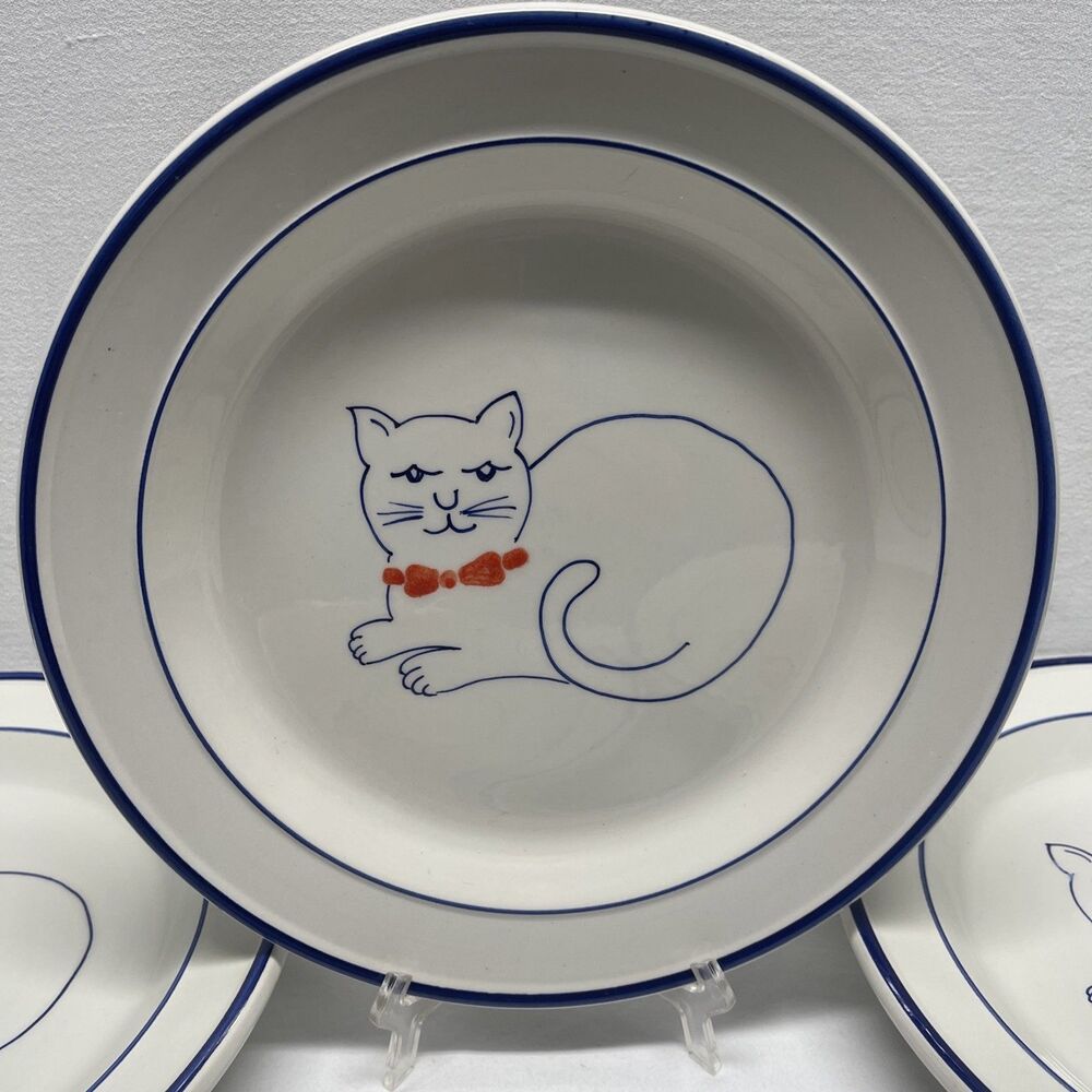 5 White with Blue Trim Cat with Orange Bow Tie Sakowitz Fits & Floyd 10" Plates